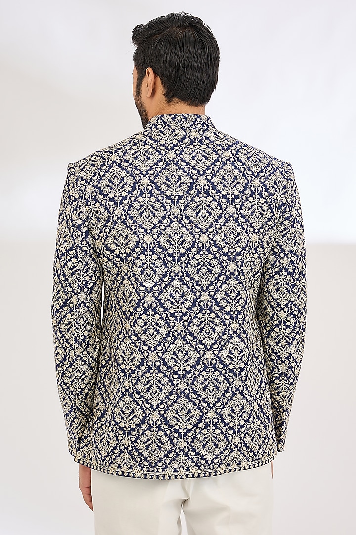 Blue Polyester Thread & Zari Embroidered Wedding Bandhgala by TushPosh at Pernia's Pop Up Shop