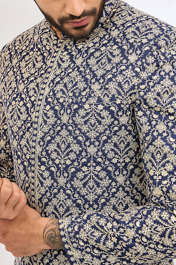 Blue Polyester Thread & Zari Embroidered Wedding Bandhgala by TushPosh at Pernia's Pop Up Shop