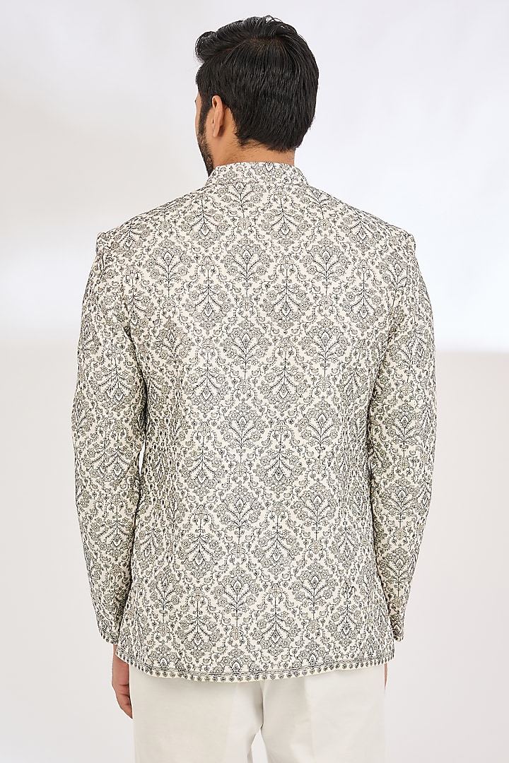 White Polyester Thread & Zari Embroidered Wedding Bandhgala by TushPosh at Pernia's Pop Up Shop