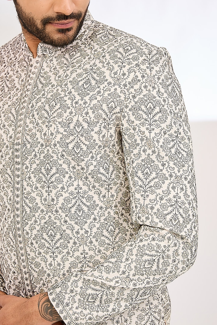 White Polyester Thread & Zari Embroidered Wedding Bandhgala by TushPosh at Pernia's Pop Up Shop