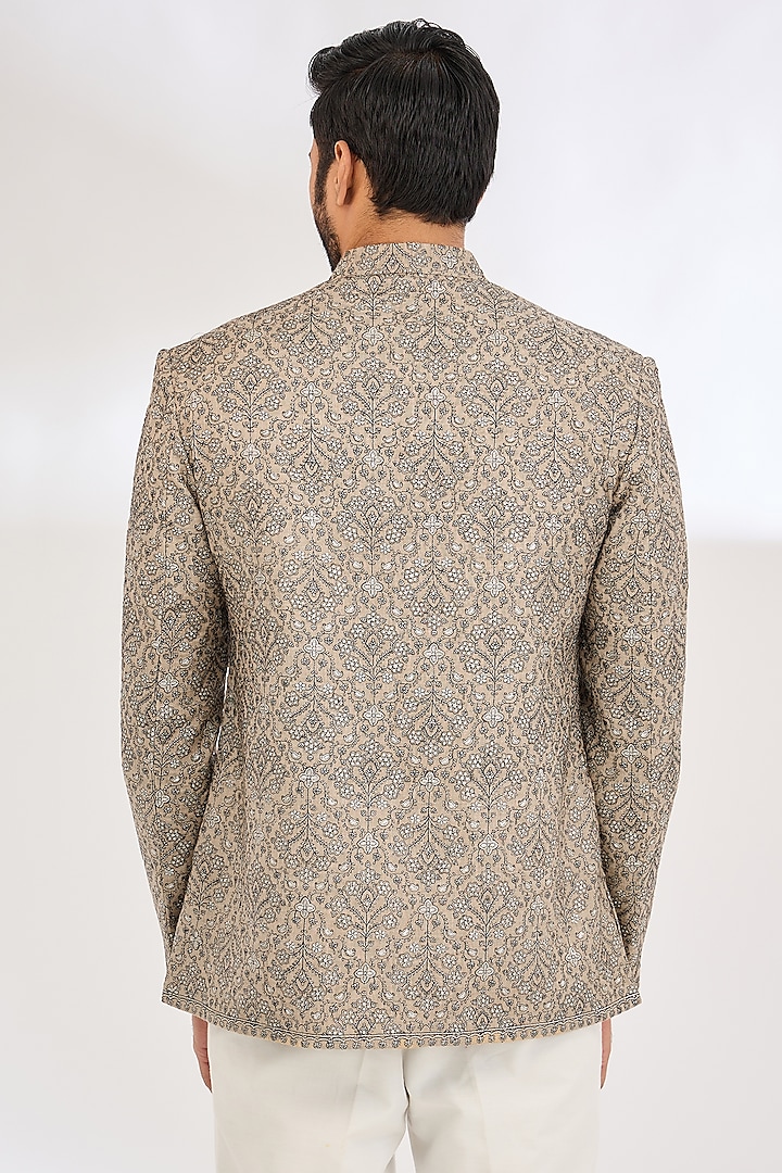 Beige Polyester Thread & Aari Embroidered Wedding Bandhgala by TushPosh at Pernia's Pop Up Shop