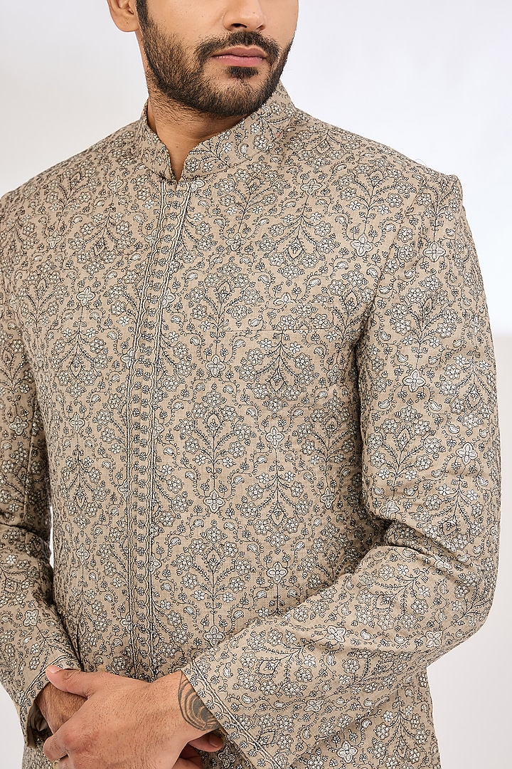 Beige Polyester Thread & Aari Embroidered Wedding Bandhgala by TushPosh at Pernia's Pop Up Shop