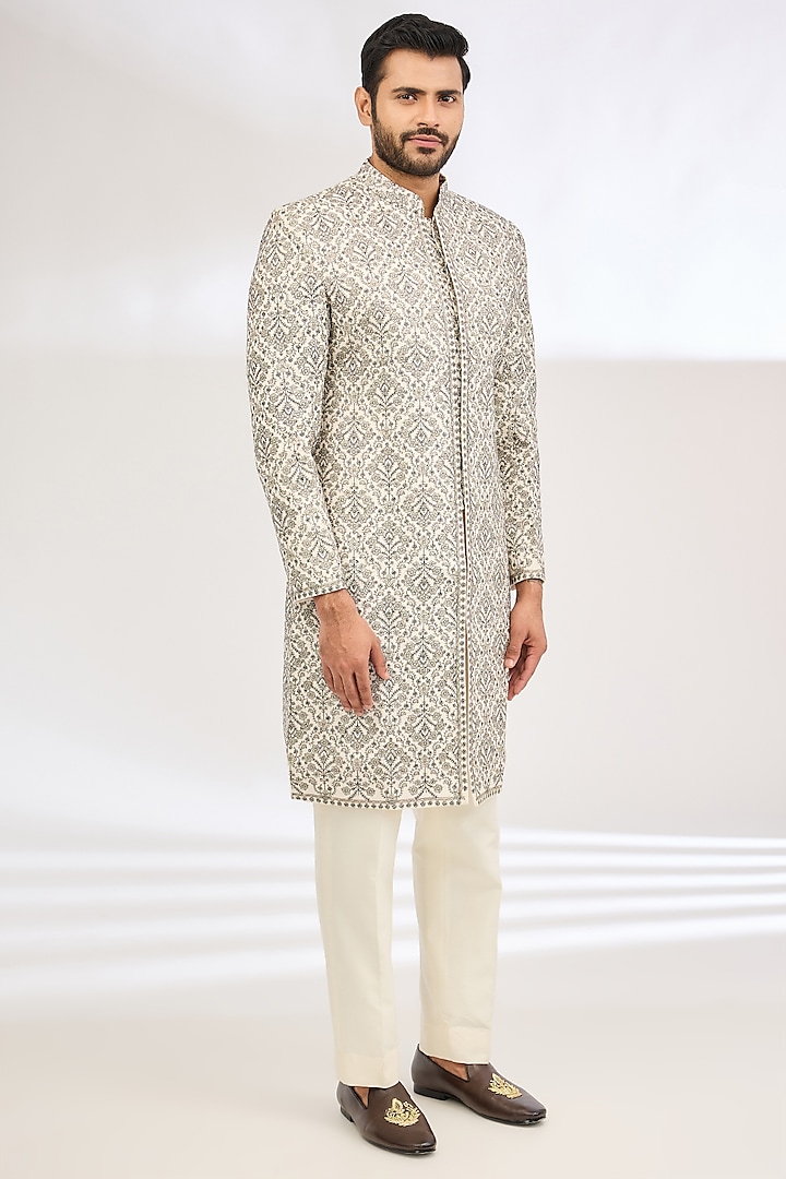 White Polyester Zari Embroidered Sherwani Set by TushPosh