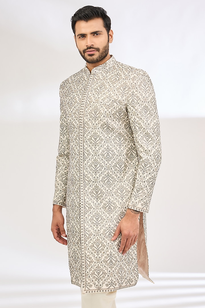 White Polyester Zari Embroidered Wedding Sherwani Set by TushPosh at Pernia's Pop Up Shop