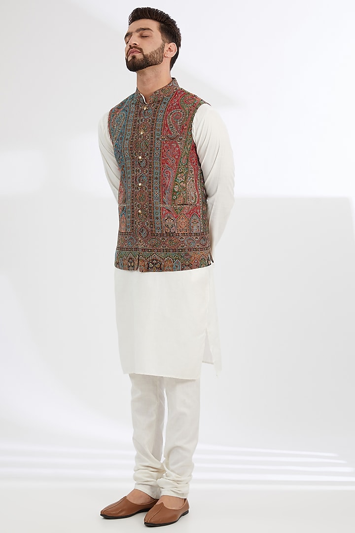 Multi-Colored Polyester Yarn Paisley Printed & Embroidered Bundi Jacket by TushPosh