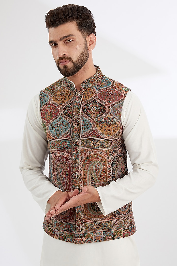 Multi-Colored Polyester Yarn Paisley Printed & Embroidered Bundi Jacket by TushPosh