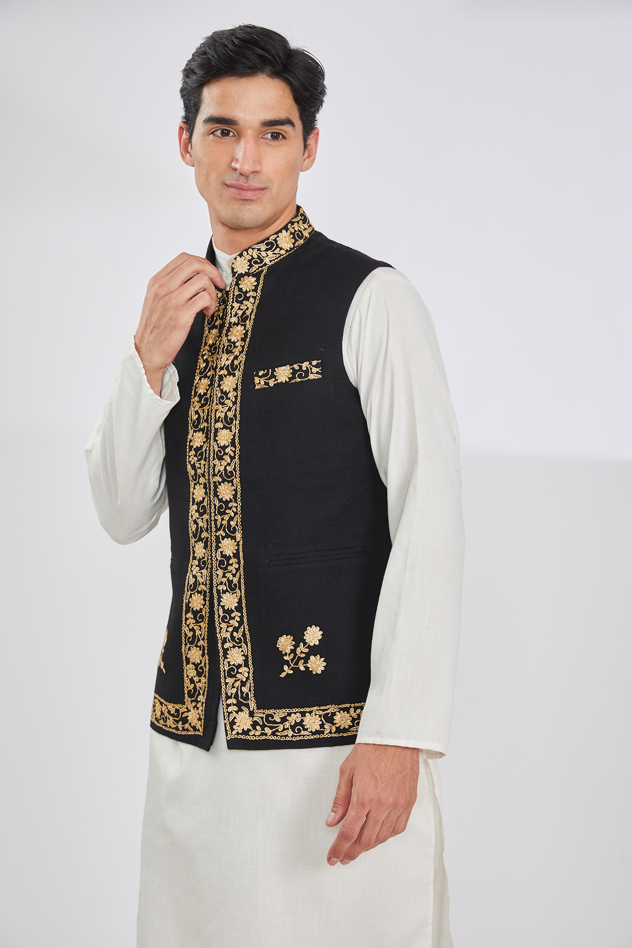 Black Wool Blend Embroidered Bundi Jacket by TushPosh