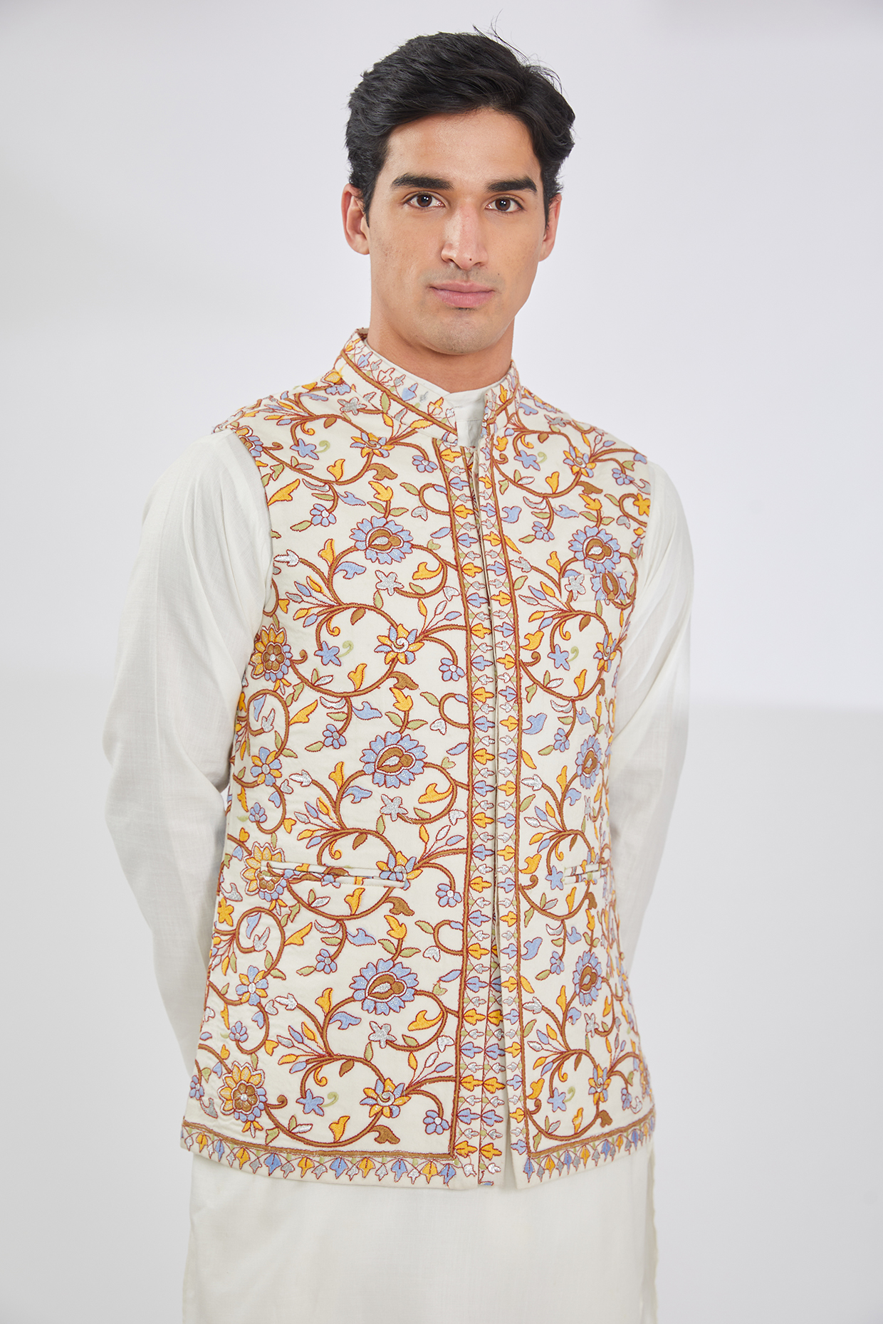 White Wool Silk Blend Embroidered Bundi Jacket by TushPosh