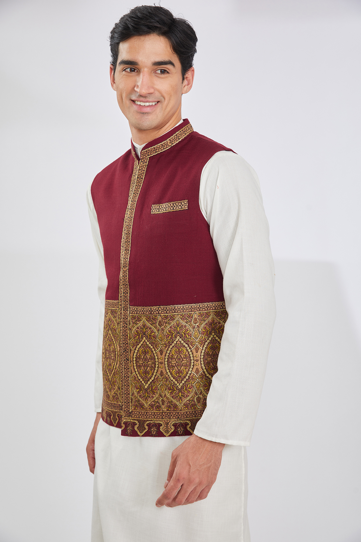 Maroon Wool Blend & Viscose Embroidered Bundi Jacket by TushPosh