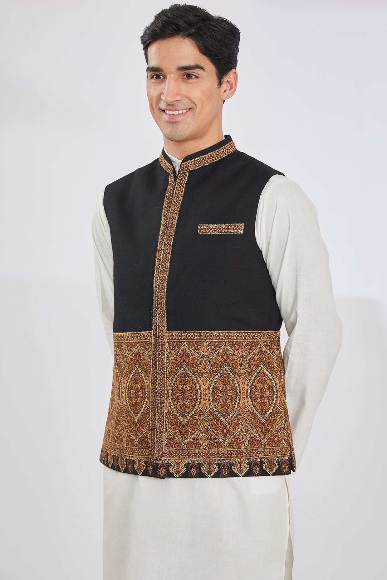 Black Wool Blend & Viscose Embroidered Bundi Jacket by TushPosh