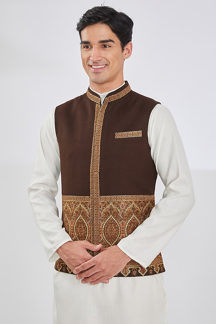 Brown Wool Blend & Viscose Embroidered Bundi Jacket by TushPosh at Pernia's Pop Up Shop