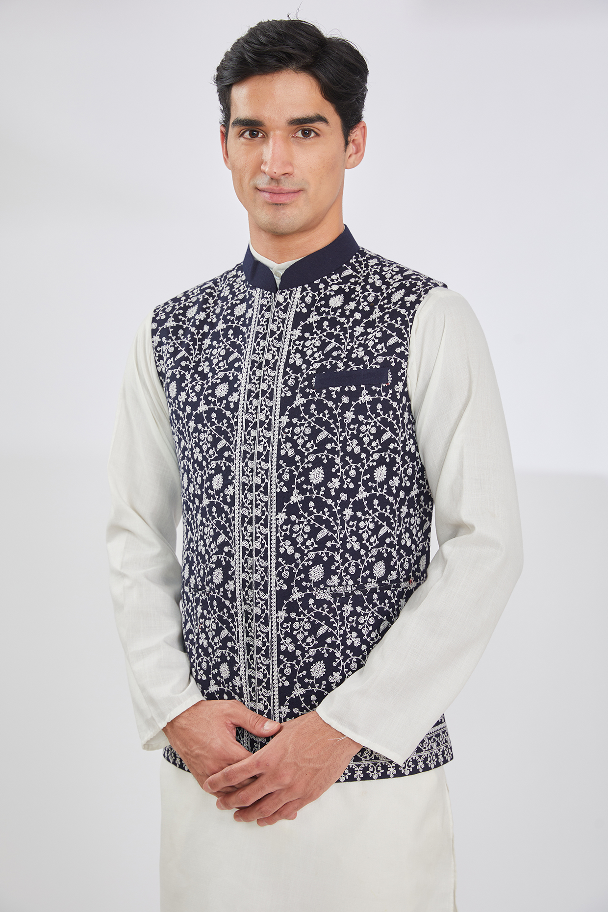 Blue Wool Blend Embroidered Bundi Jacket by TushPosh
