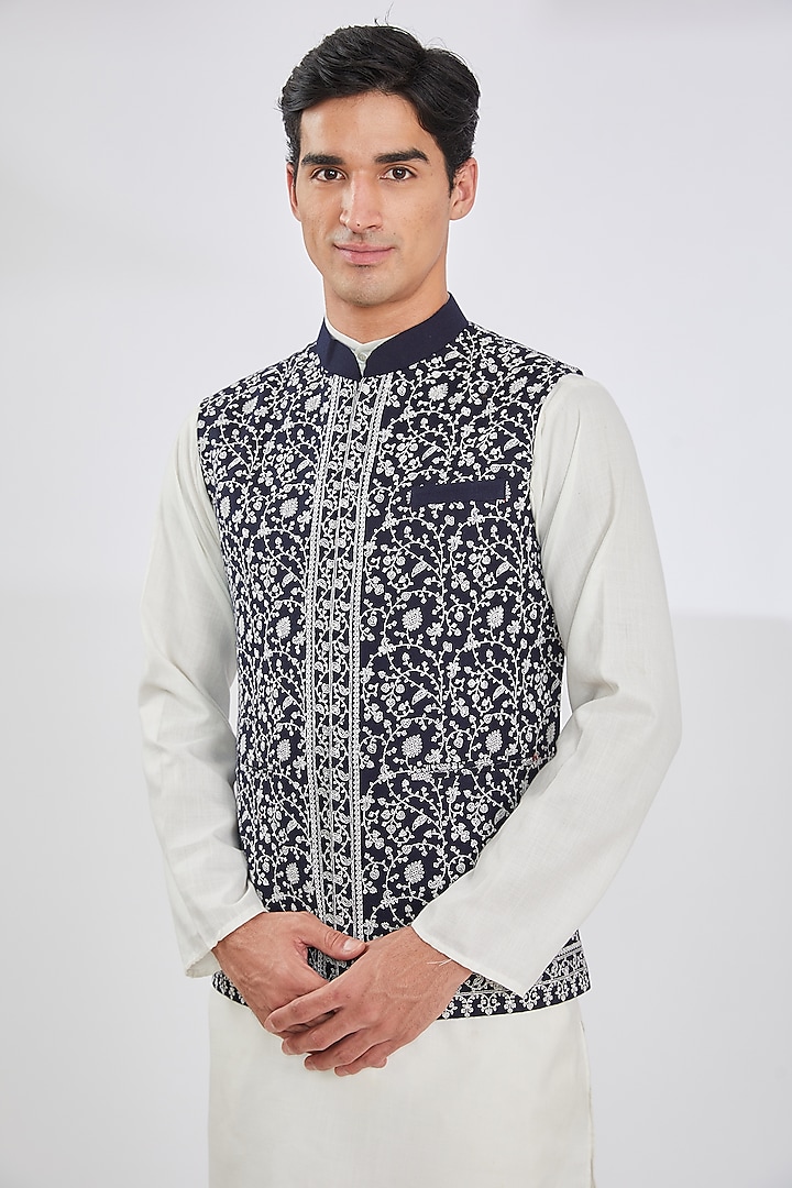 Blue Wool Blend Embroidered Bundi Jacket by TushPosh