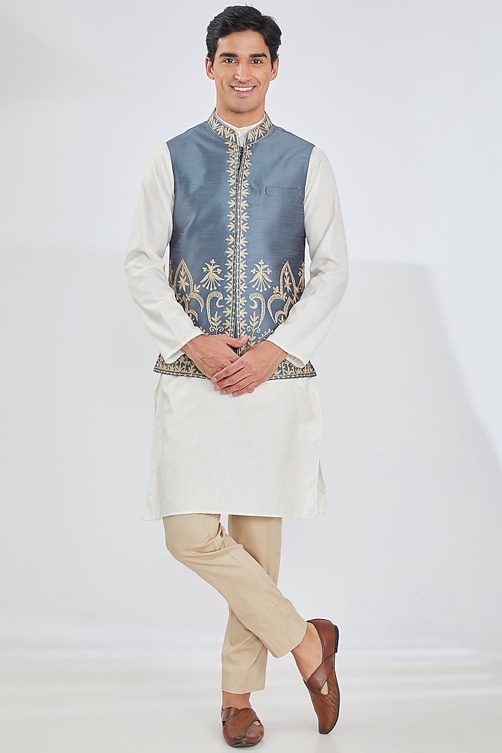 Grey Art Silk Embroidered Bundi Jacket by TushPosh