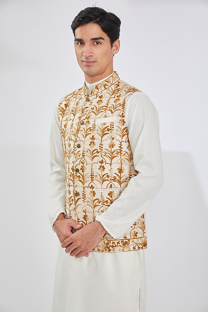 Ivory Viscose Embroidered Bundi Jacket by TushPosh