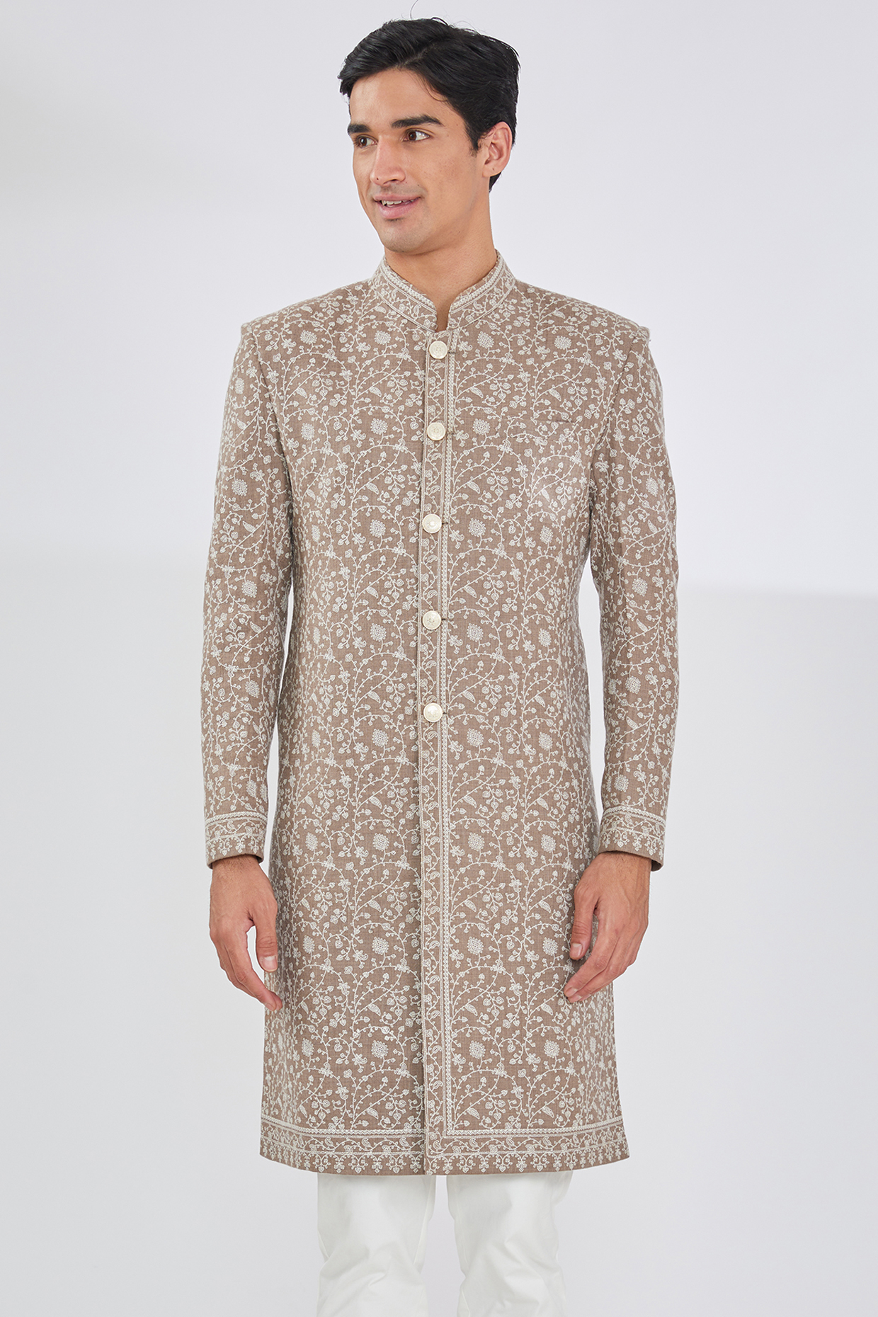 Beige Wool Blend Embroidered Sherwani by TushPosh
