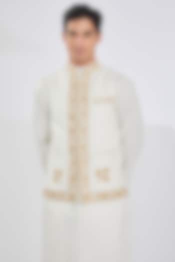 White Wool Blend Embroidered Bundi Jacket by TushPosh