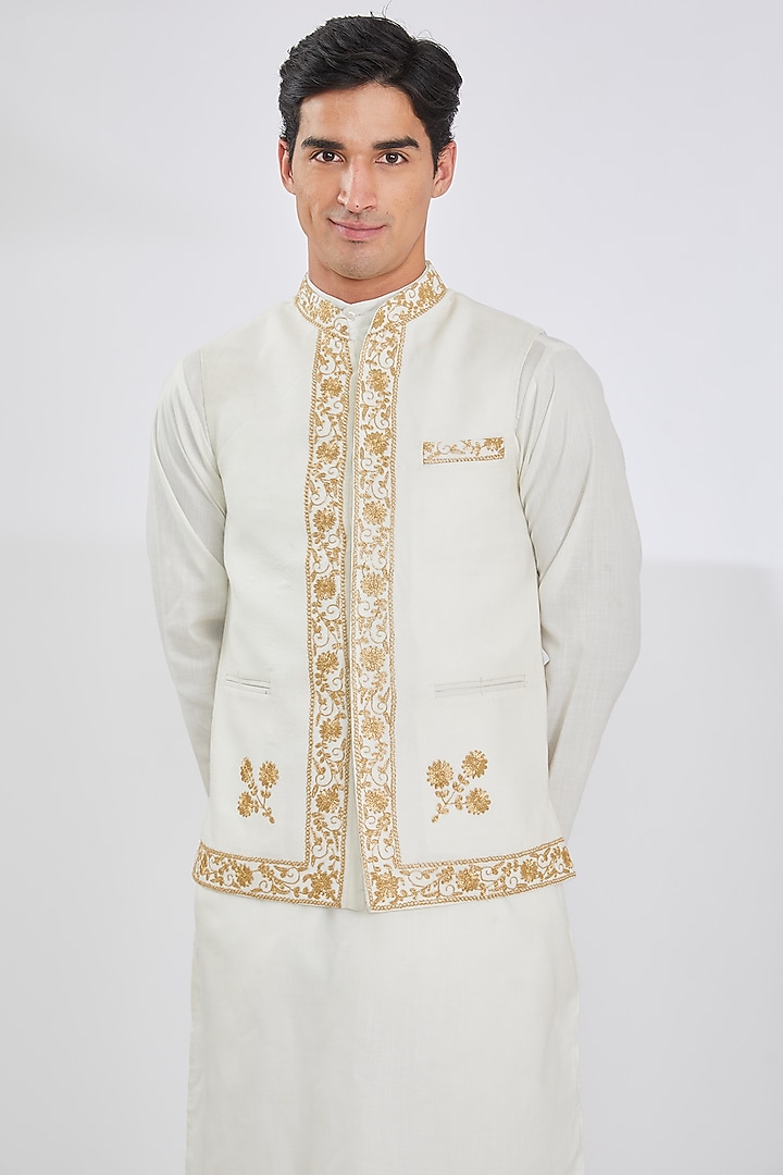 White Wool Blend Embroidered Bundi Jacket by TushPosh