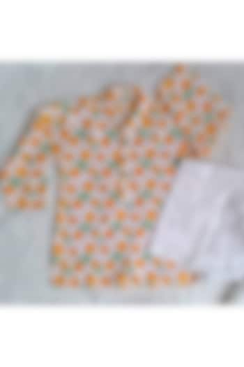 Orange & White Malmal Floral Printed Kurta Set For Boys by Tura Turi at Pernia's Pop Up Shop