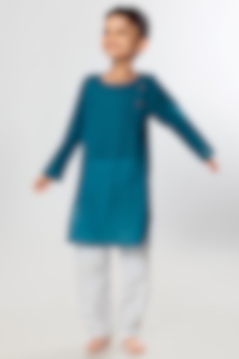 Turquoise Blue Cotton Kurta Set For Boys by Tura Turi at Pernia's Pop Up Shop