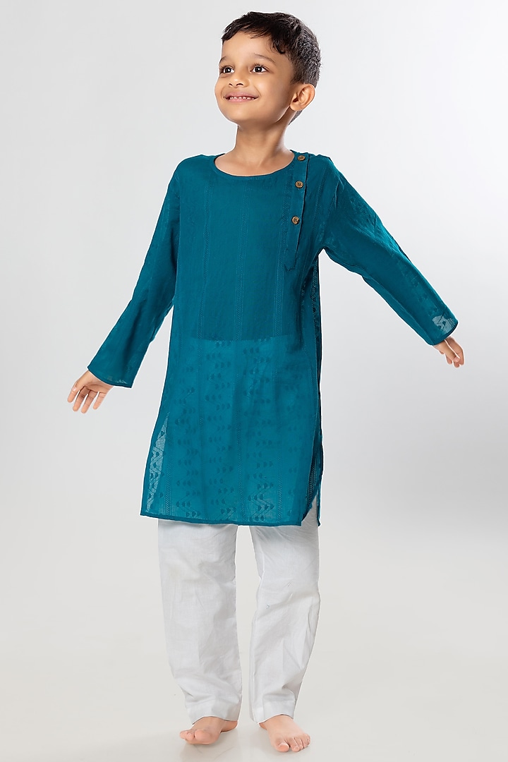 Turquoise Blue Cotton Kurta Set For Boys by Tura Turi at Pernia's Pop Up Shop