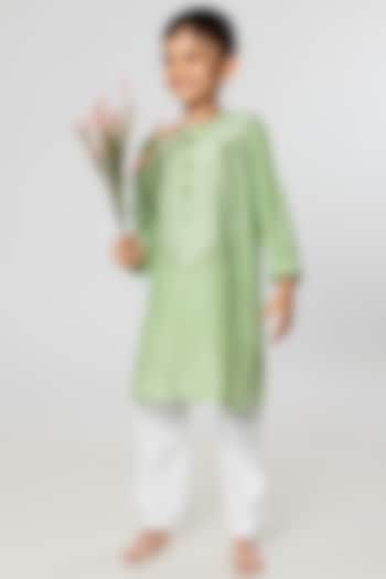 Mint Green Viscose Silk Embroidered Kurta Set For Boys by Tura Turi at Pernia's Pop Up Shop