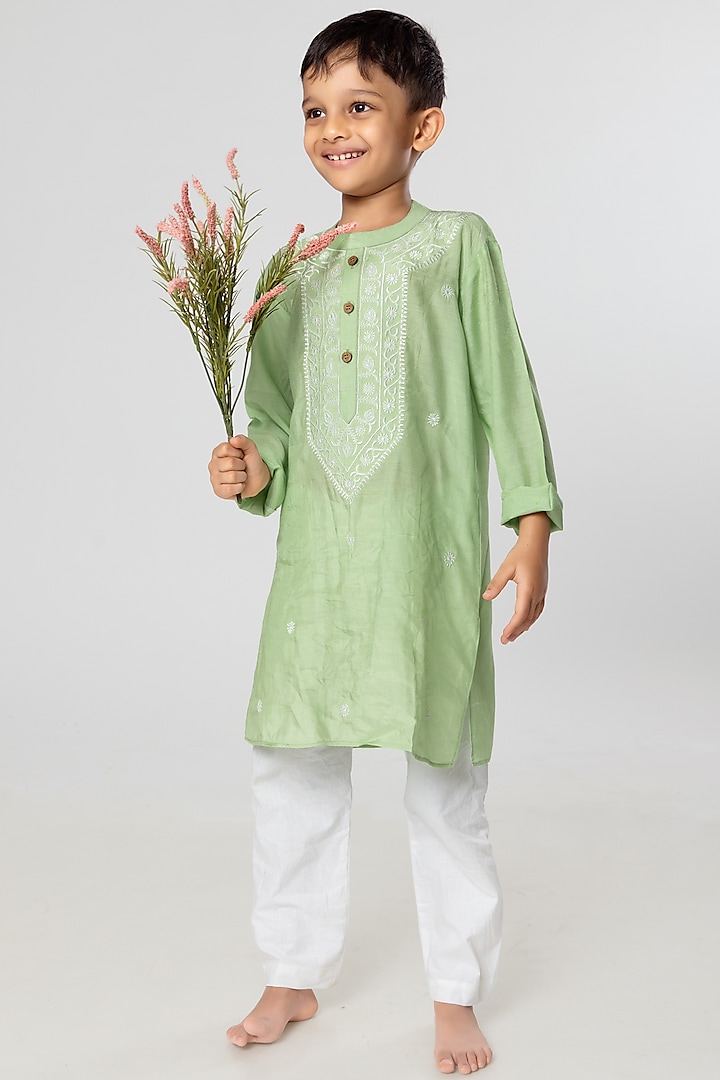 Mint Green Viscose Silk Embroidered Kurta Set For Boys by Tura Turi at Pernia's Pop Up Shop