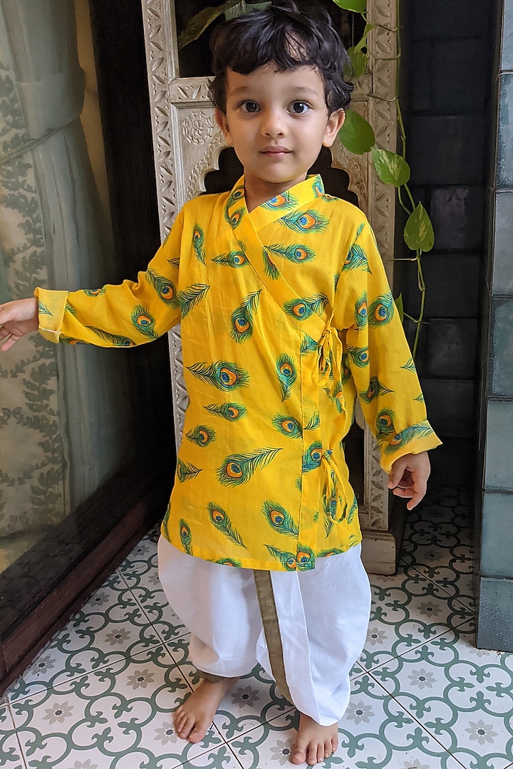 Yellow & Green Cotton MulMul Printed Kurta Set Fopr Boys by Tura Turi at Pernia's Pop Up Shop