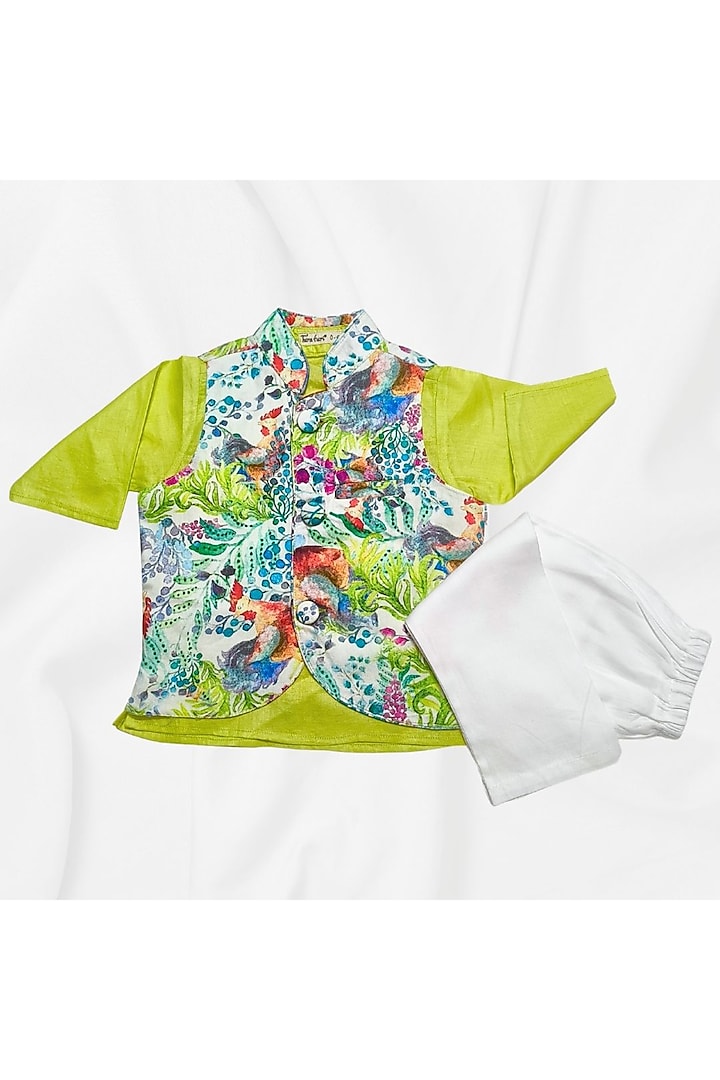 Lime Green Cotton Printed Nehru Jacket Set For Boys by Tura Turi