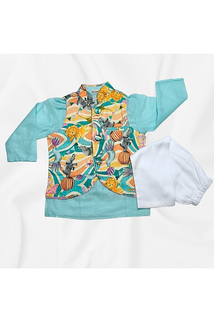 Sky Blue Cotton Printed Nehru Jacket Set For Boys by Tura Turi at Pernia's Pop Up Shop