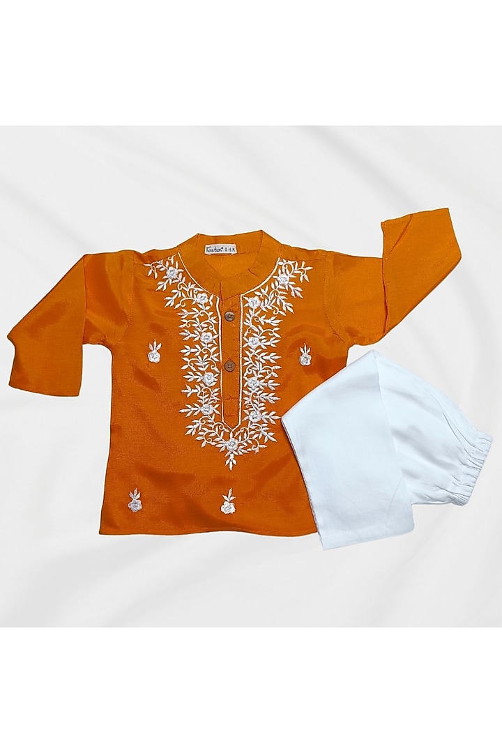 Orange Viscose Silk Embroidered Kurta Set For Boys by Tura Turi at Pernia's Pop Up Shop