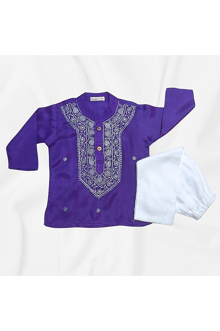 Purple Viscose Silk Embroidered Kurta Set For Boys by Tura Turi at Pernia's Pop Up Shop