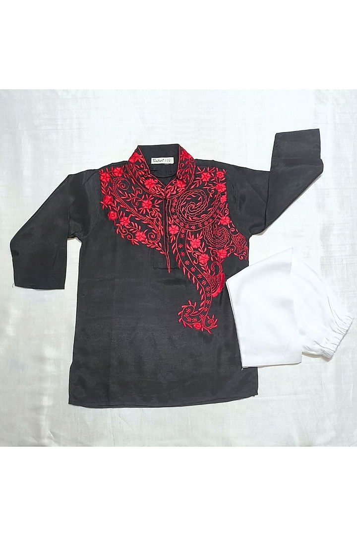 Black Viscose Silk Embroidered Kurta Set For Boys by Tura Turi at Pernia's Pop Up Shop