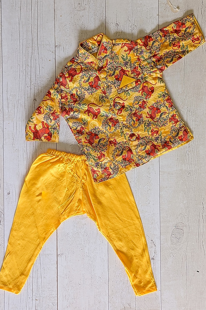 Yellow Premium Giza Cotton Satin Printed Sherwani Set For Boys by Tura Turi at Pernia's Pop Up Shop