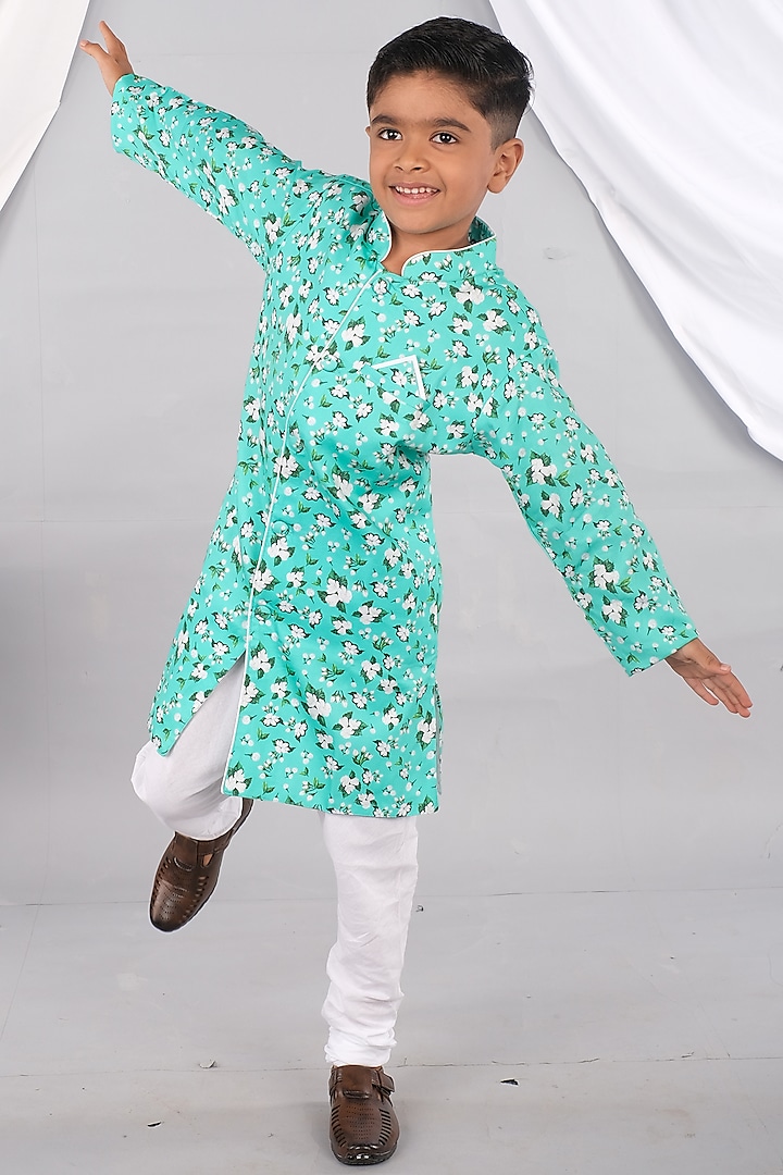 Blue Premium Giza Cotton Satin Printed Sherwani Set For Boys by Tura Turi at Pernia's Pop Up Shop