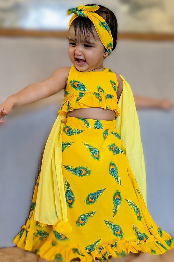 Yellow & Green Mal Mal Printed Lehenga Set For Girls by Tura Turi at Pernia's Pop Up Shop