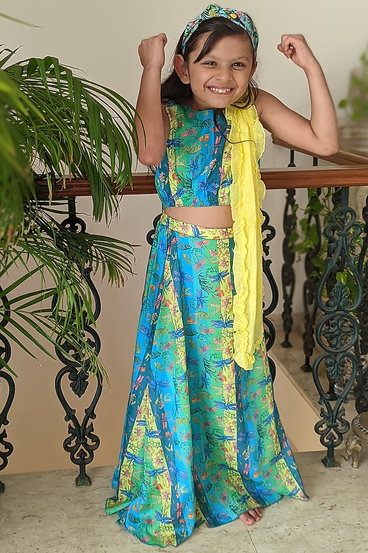 Multi-Colored Muslin Cotton Printed Lehenga Set For Girls by Tura Turi at Pernia's Pop Up Shop