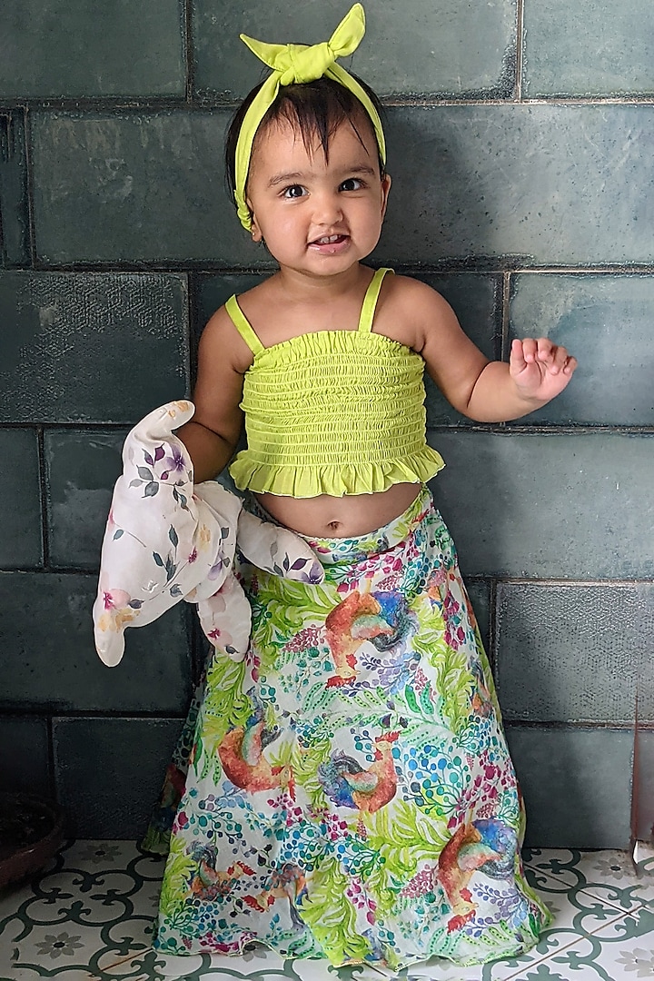 Green Cotton Mulmul Printed Lehenga Set For Girls by Tura Turi at Pernia's Pop Up Shop