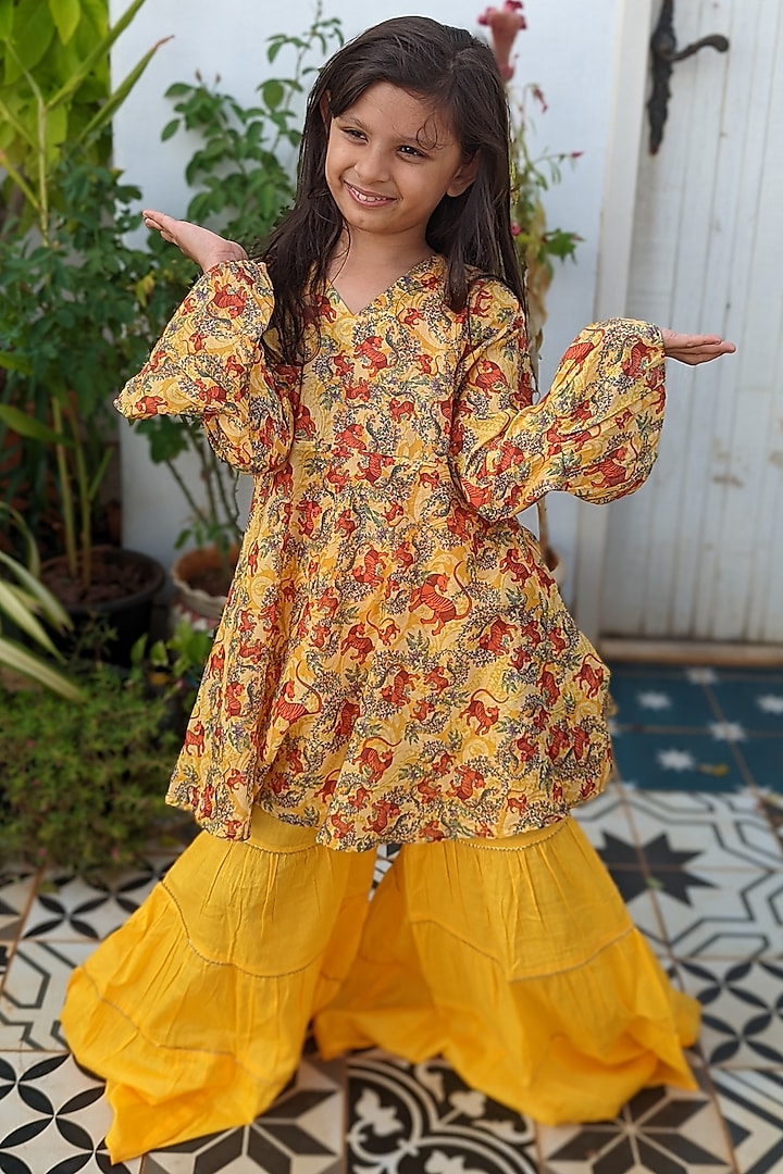 Yellow Pure Cotton Malmal Sharara Set For Girls by Tura Turi at Pernia's Pop Up Shop