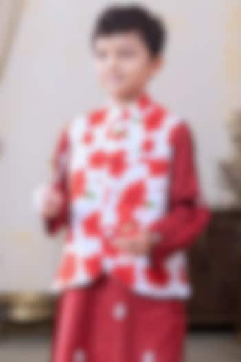 White & Red Silk Printed Nehru Jacket Set For Boys by Tura Turi at Pernia's Pop Up Shop