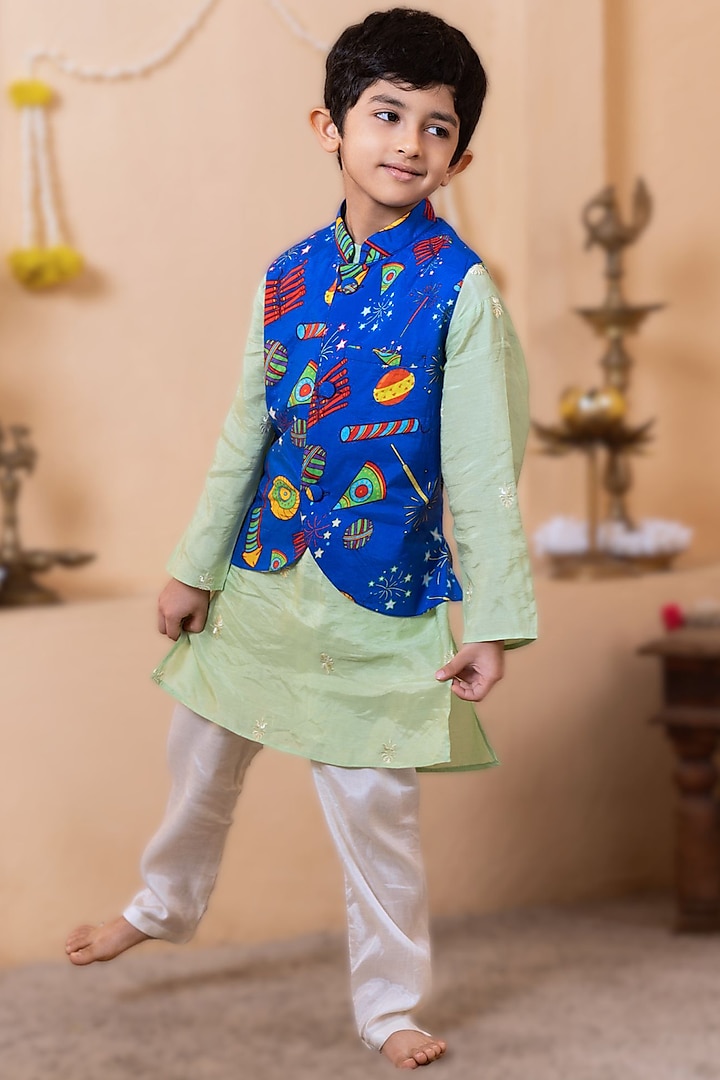 Multi-Colored Silk Printed Nehru Jacket Set For Boys by Tura Turi at Pernia's Pop Up Shop