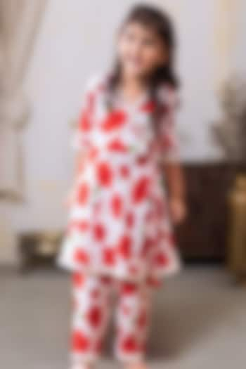 Red & White Viscose Printed Kurta Set For Girls by Tura Turi