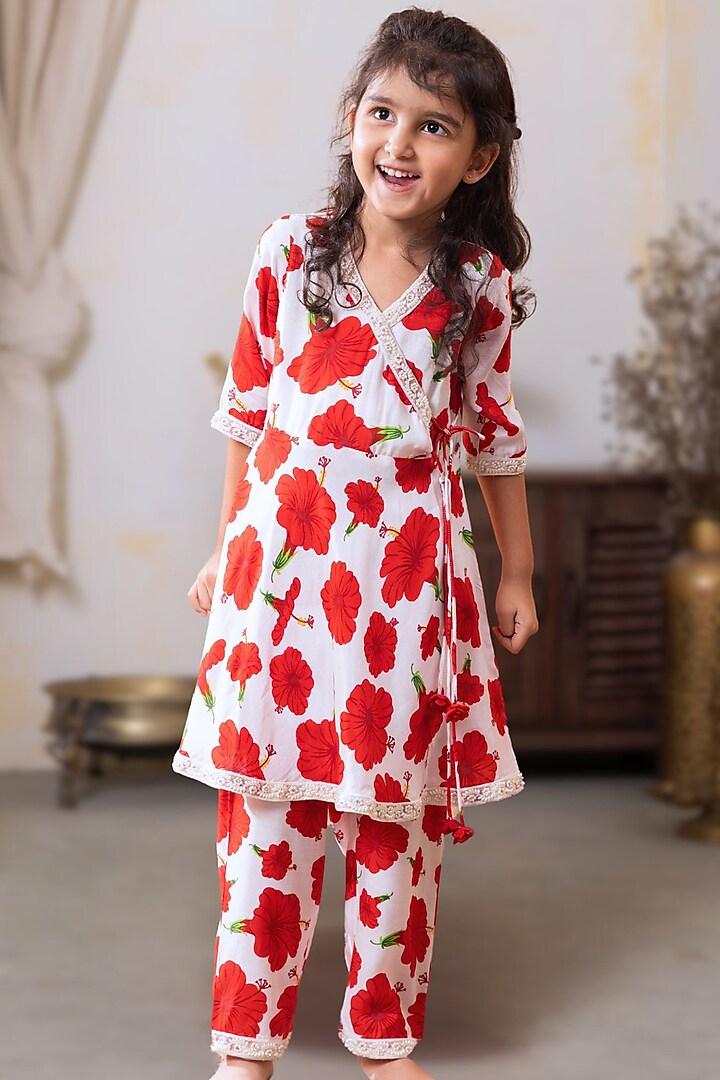 Red & White Viscose Printed Kurta Set For Girls by Tura Turi at Pernia's Pop Up Shop