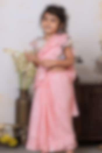 Pink Viscose Silk Embroidered Ruffled Saree Set For Girls by Tura Turi at Pernia's Pop Up Shop