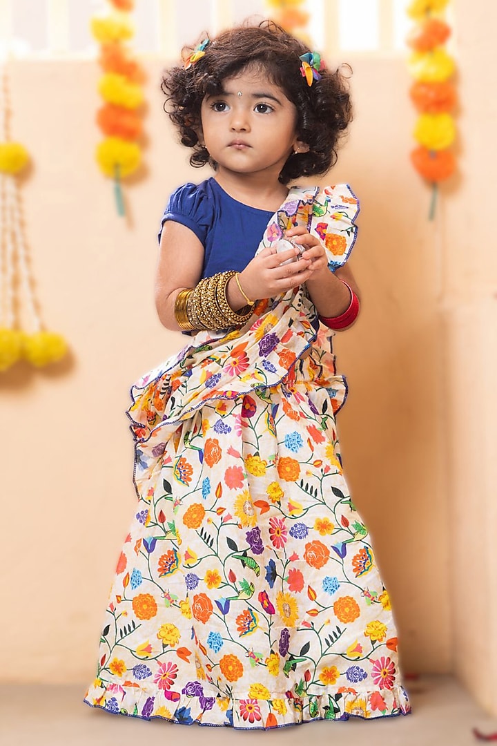 Multi-Colored Pure Cotton Malmal Floral Printed Pre-Stitched Ruffled Saree Set by Tura Turi at Pernia's Pop Up Shop