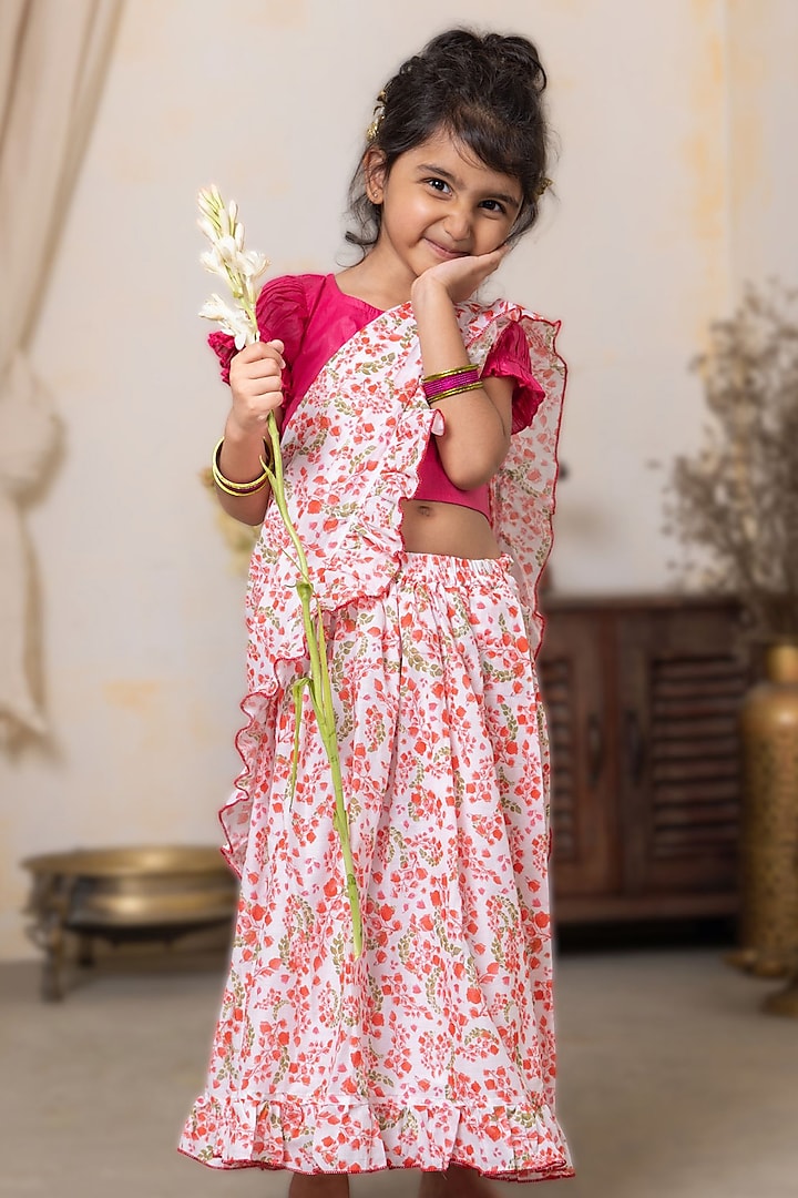 Pink Pure Cotton Malmal Printed Pre-Stitched Ruffled Saree Set by Tura Turi at Pernia's Pop Up Shop