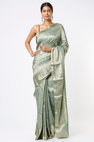 Mint Green Woven Brocade Saree Set by Turaja