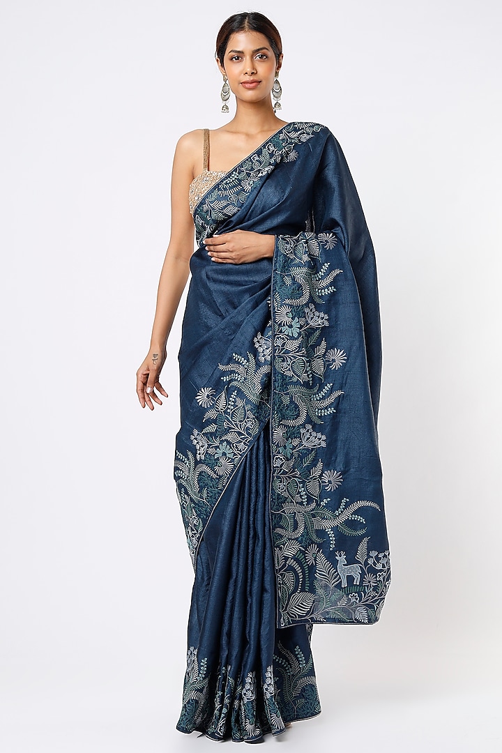 Midnight Blue Embroidered Saree Set by Turaja