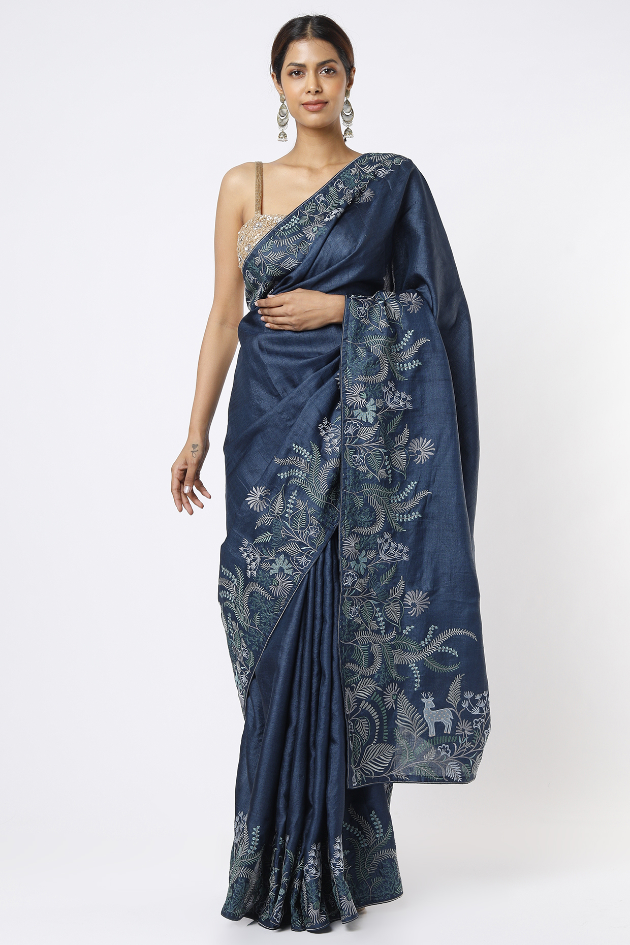 Midnight Blue Embroidered Saree Set by Turaja