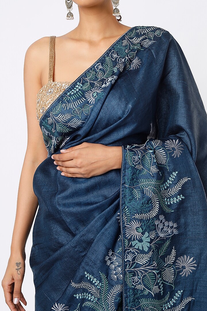 Midnight Blue Embroidered Party Wear Saree Set by Turaja at Pernia's Pop Up Shop